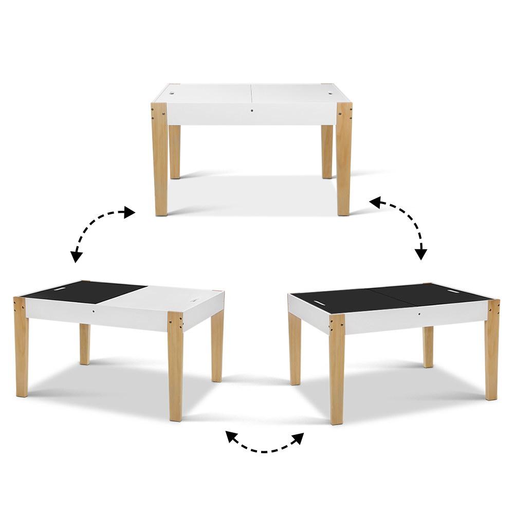 Keezi Kids Table and Chair Set featuring a reversible chalkboard top, eco-friendly materials, and four hidden storage compartments for children's toys.